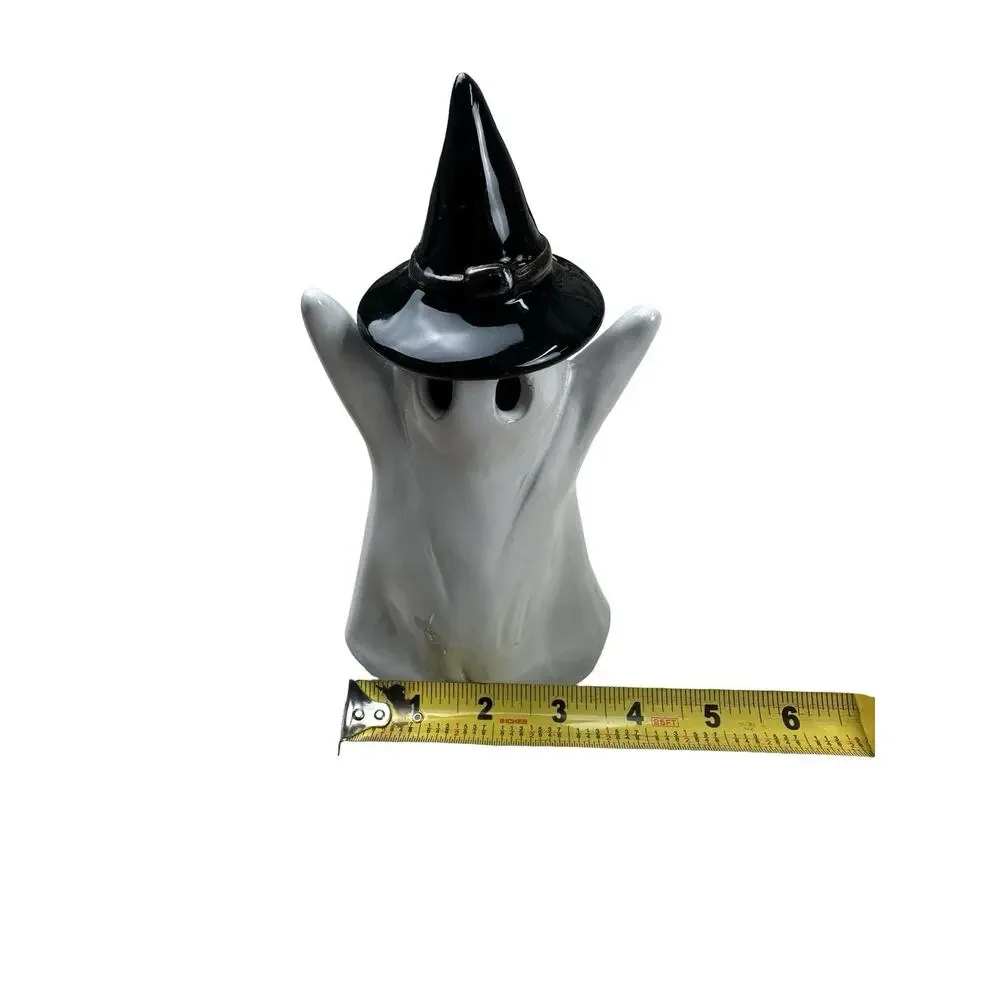 Set of 3 Halloween Ceramic Ghost Witch Hat Light Up Glowing Eyes Figurines